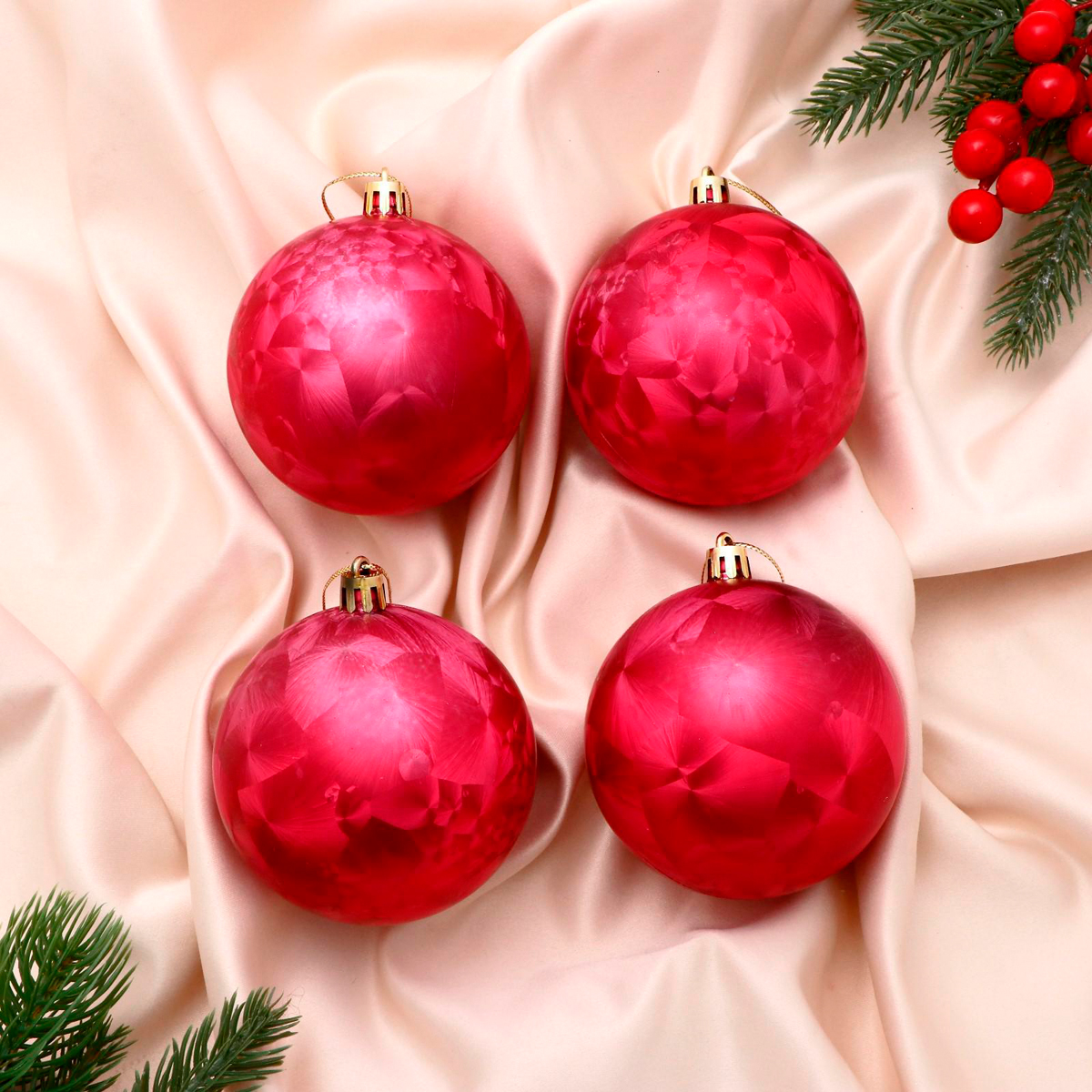 Шары новогодние d-8 см (набор 4 шт.) "туман" красный "зимнее волшебство" 4941970