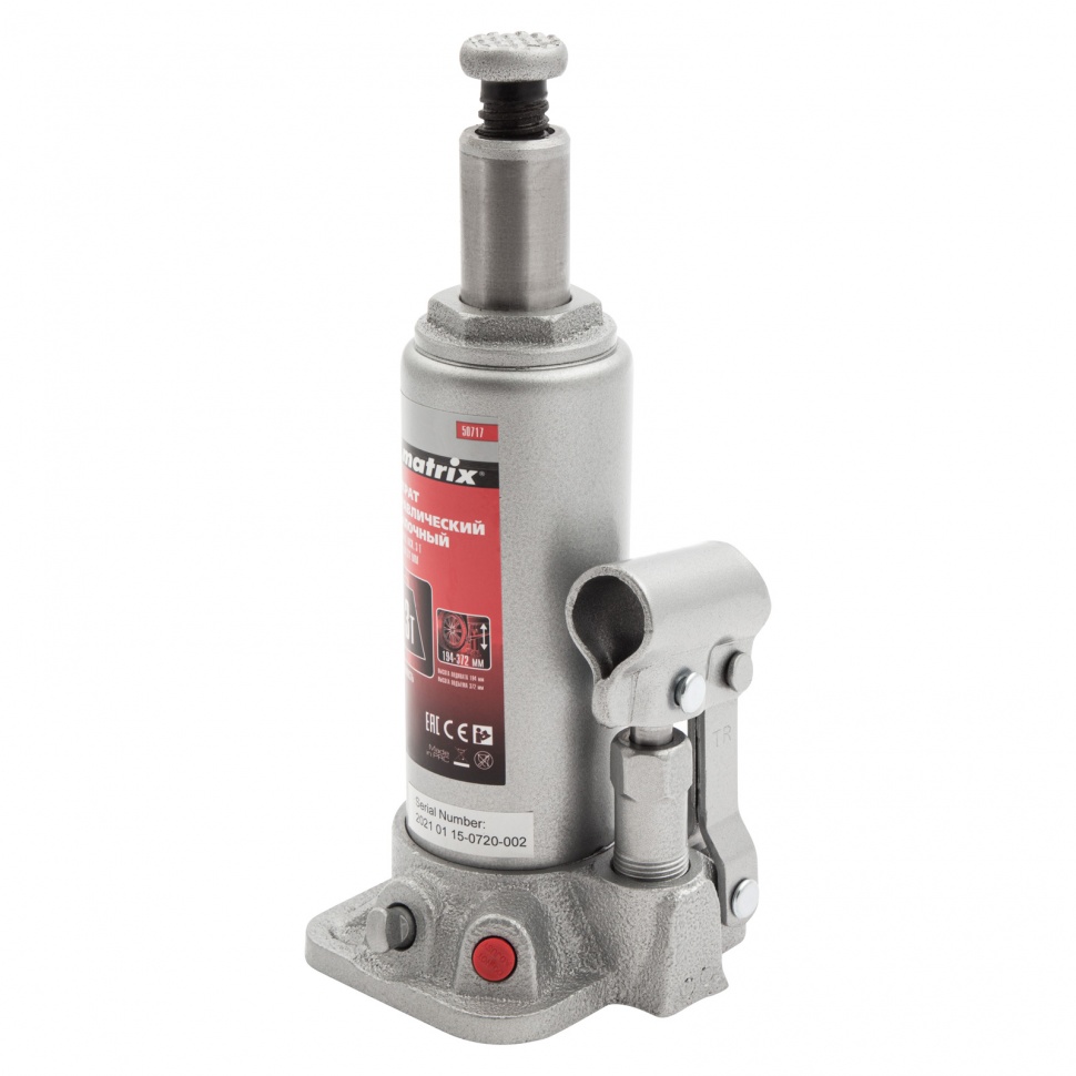 Домкрат гидравлический бутылочный, 3 т, высота подъема 194-372 мм Matrix (50717)