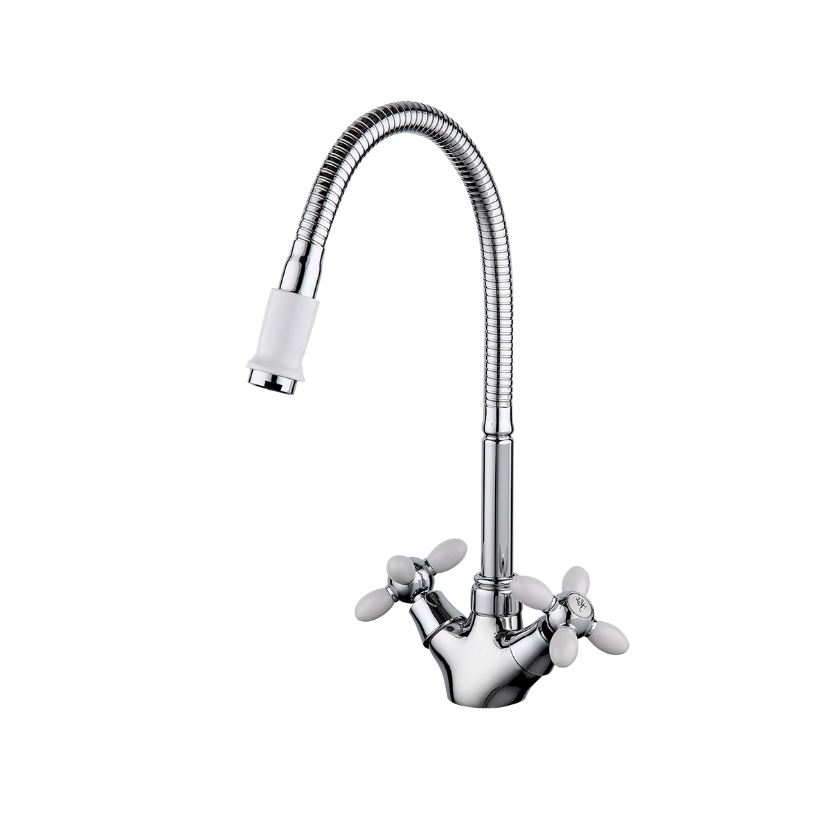 Смеситель для кухни r43127-7 гибкий излив, двухвентильный, белый/хром (1/10) "frud"