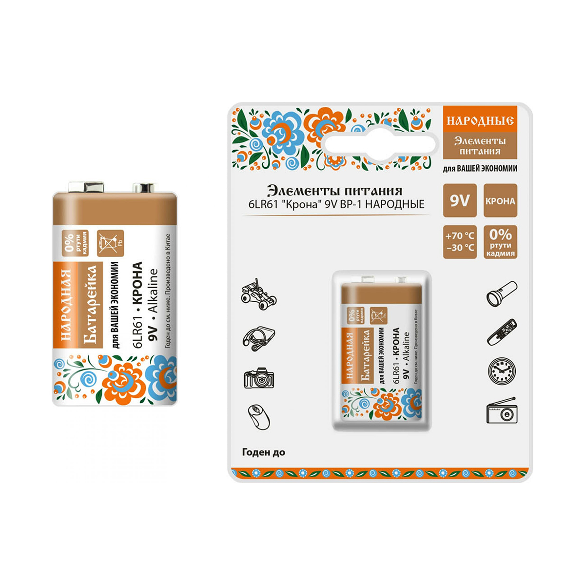 Батарейка "народная" 6lr61 крона (1 шт. в блистере) (1/24/144) sq1702-0016