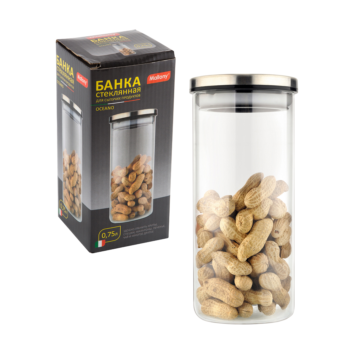 Банка для сыпучих продуктов "oceano" 0,75 л стекло, нержав. крышка (1/24) "mallony"