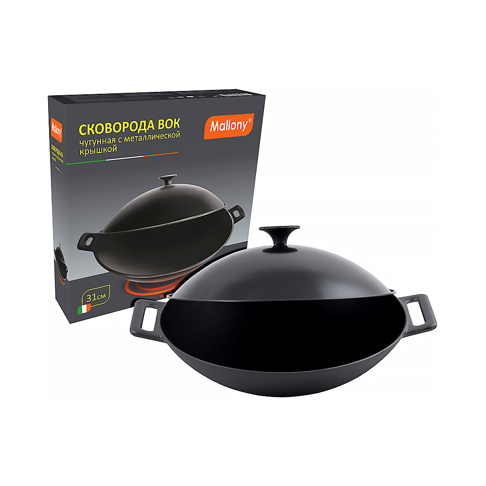 Сковорода-вок чугунная 31 см, металл. крышка (1/4) "mallony" w-31l