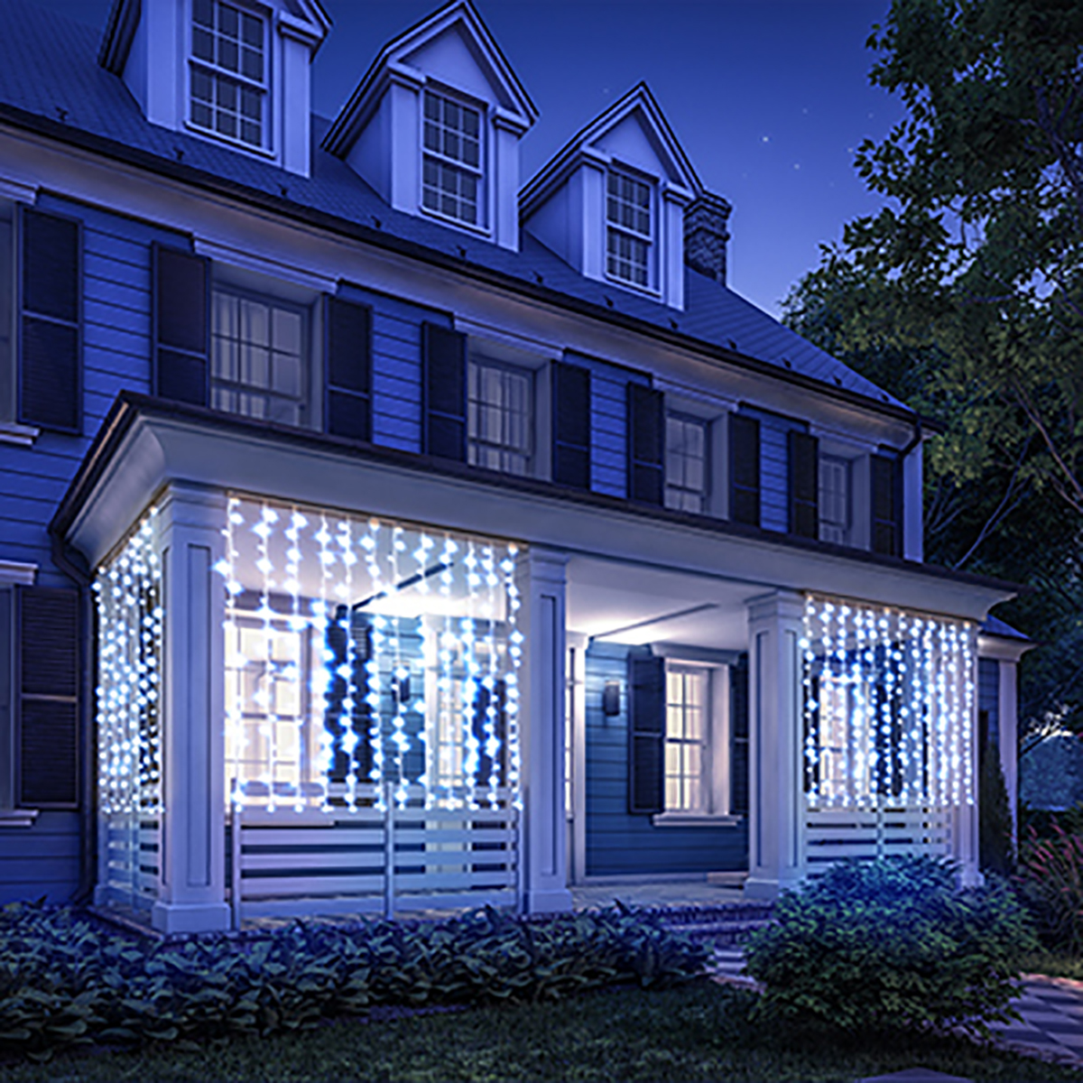 Электрогирлянда "занавес" 1,5*1,5 м, 96 синих ламп, 6 нитей, 8 реж., блок питания (1/4) "vegas"