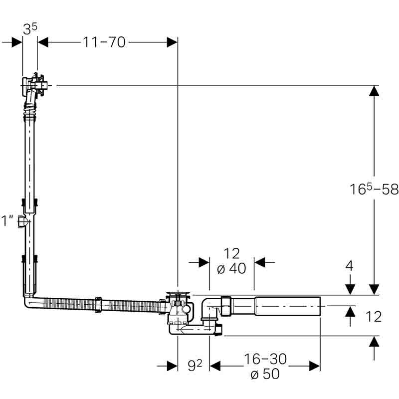 Слив-перелив Geberit для ванны, полуавтомат, 109,2 x 28,5 см, d=52, арт. 150.525.21.1