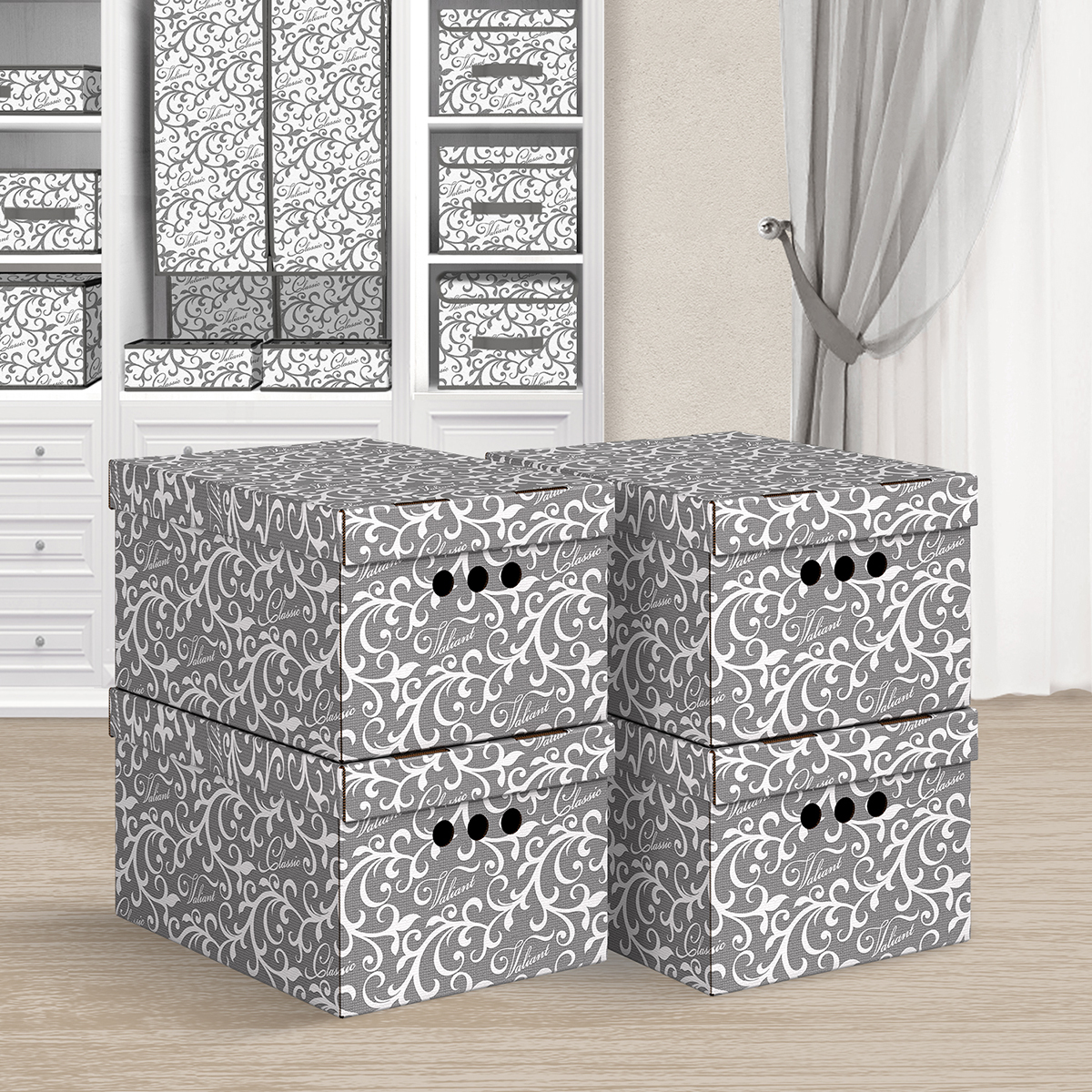 Короб для хранения "classic grey" 25*33*18,5 см (набор 4 шт.) тем-сер (1/10) "valiant" cg-bctn-dr-4s