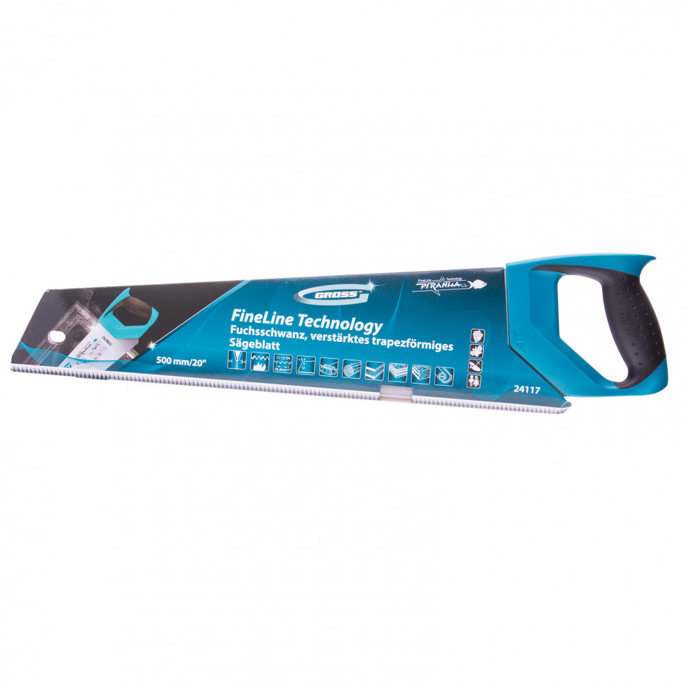 Ножовка по дереву Piranha, усиленное трапецевидное полотно, 500 мм, 11-12 TPI, зуб3D, каленый зуб, двухкомпонентная рукоятка Gross (24117)