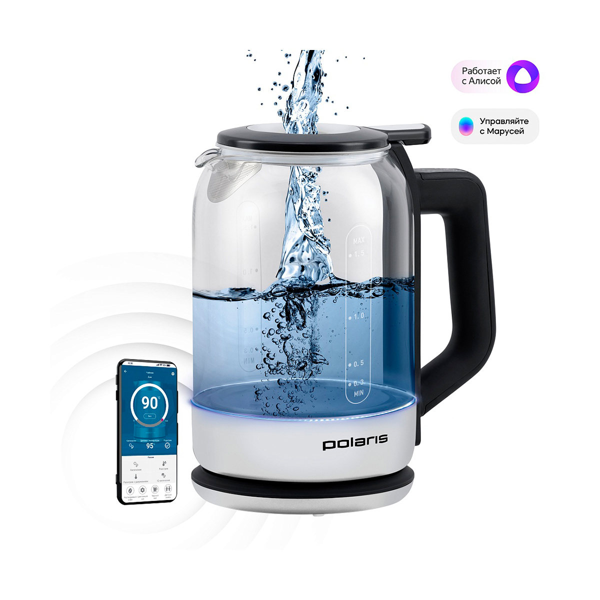 Чайник электр. pwk 1720cgld "wifi iq home" 1,5 л стекло (белый/черный) (1/4) "polaris"