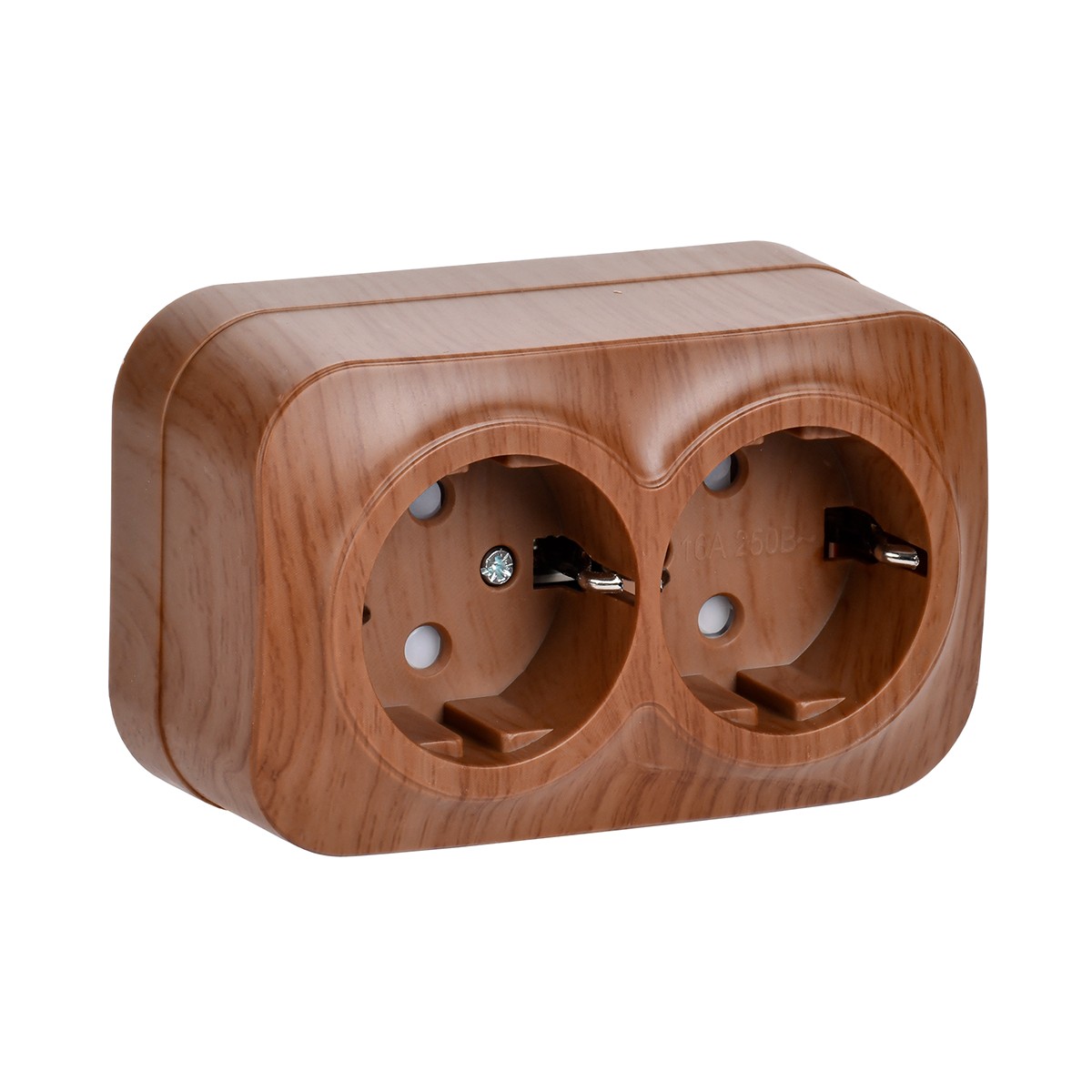 Розетка открыт. уст. "glory" 2-х местн. с заземл, с шторк. рсш22-3-хд, 16а, дуб (1/18/216) "iek"