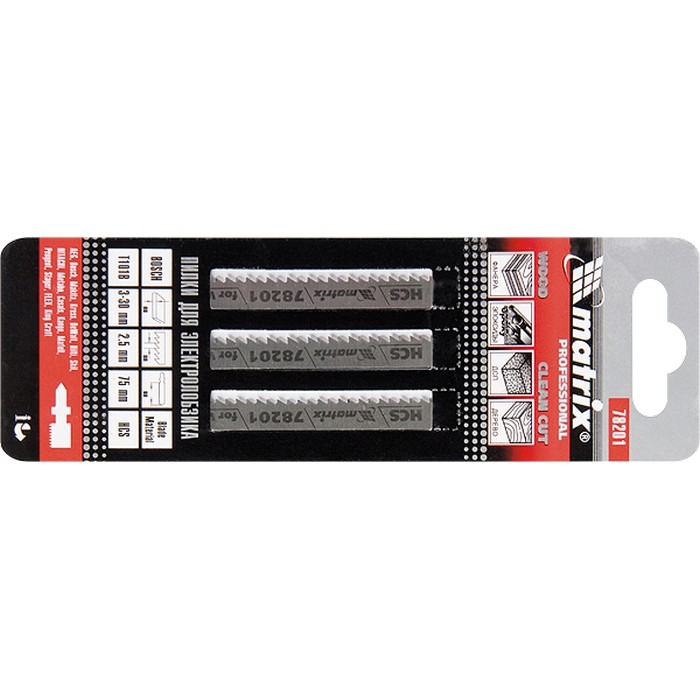 Полотна для электролобзика по дереву, 3 шт, T101B, 75 х 2.5 мм, HCS Matrix Professional (78201)