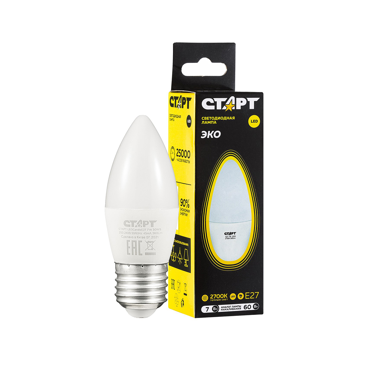 Лампа светодиодная "старт эко" свеча 7w 2700 к  e27, тепл. свет (10/100)