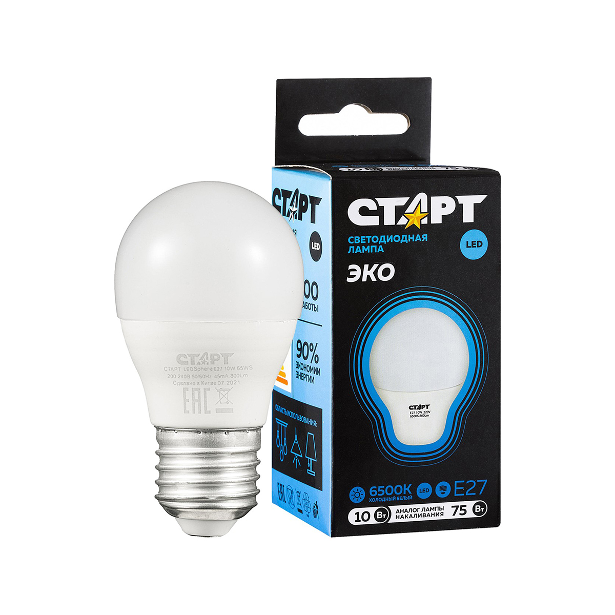 Лампа светодиодная "старт эко" шарик 10w 6500 к  e27, белый хол. свет (10/100)