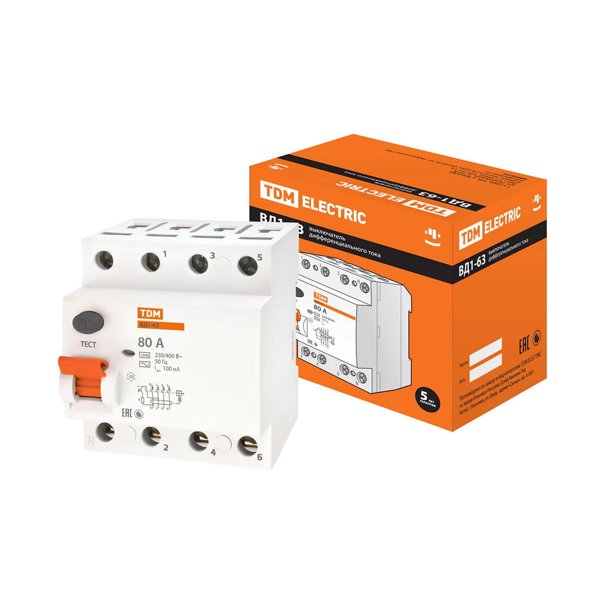 Устройство защитного отключения узо вд1-63 4р 80а 100ма (1/3/30) tdm sq0203-0045