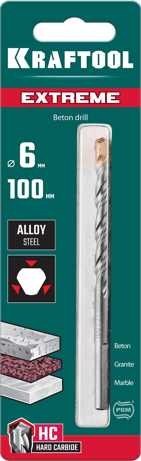 KRAFTOOL Extreme, 6 х 100 мм, трехгранный хвостовик, сверло по бетону (29166-100-06)