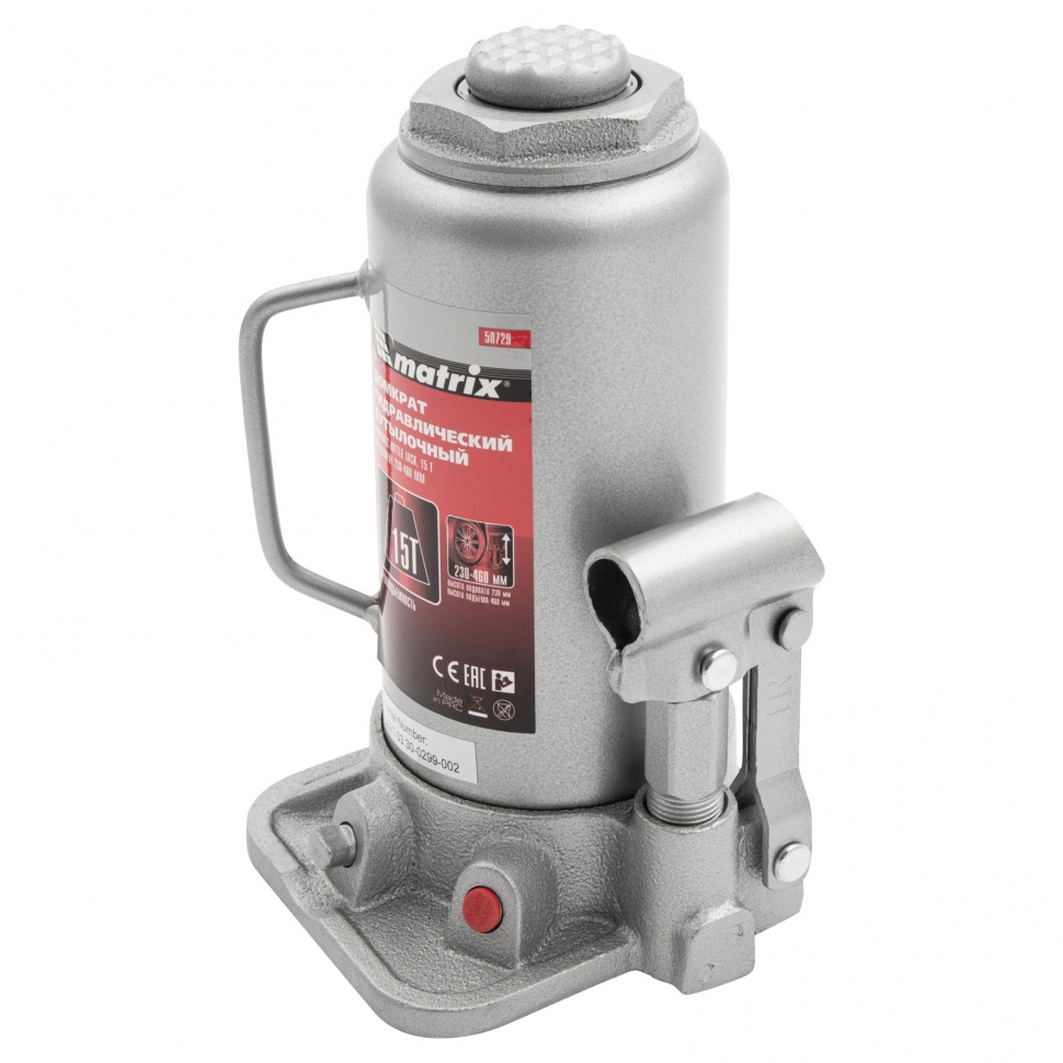 Домкрат гидравлический бутылочный, 15 т, высота подъема 230-460 мм Matrix (50729)