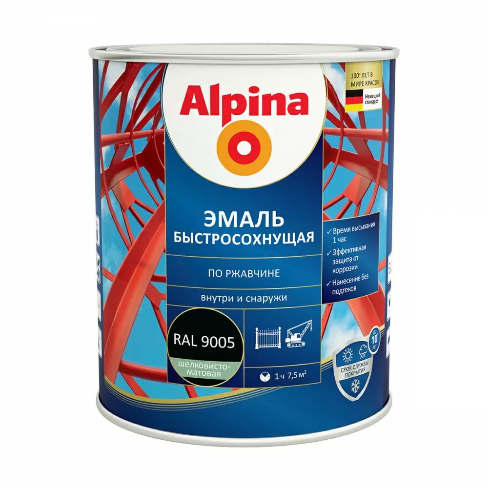 ALPINA эмаль быстросохнущая по ржавчине RAL 9005 черный шелк-матовый (0,75л)