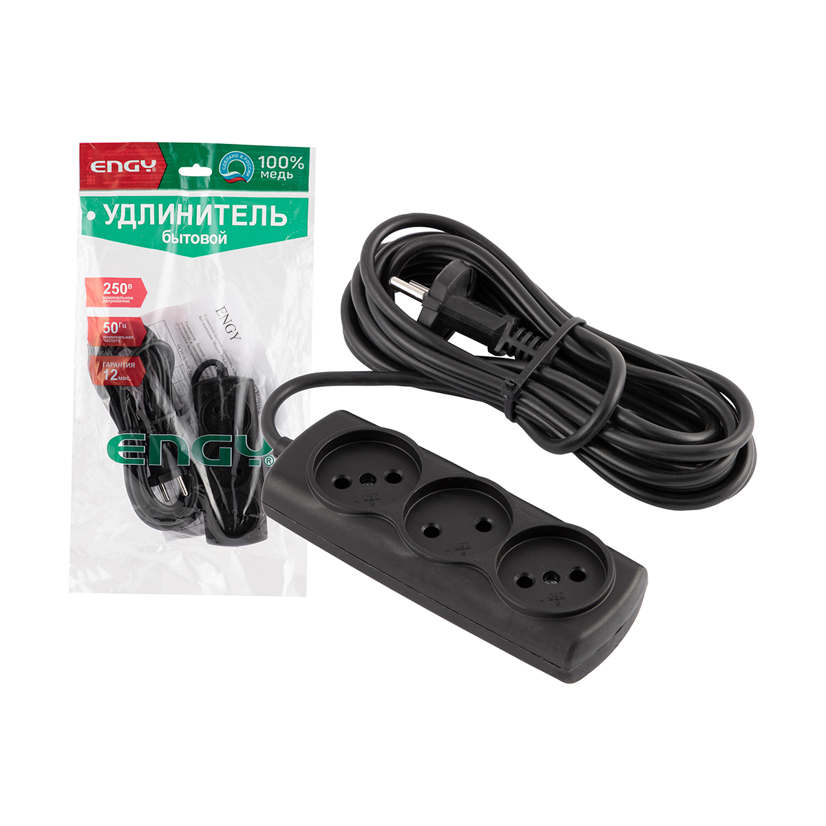 Удлинитель "engy премиум"  5 м, 3 розетки (пвс 2 х 0,75) черный (1/35)