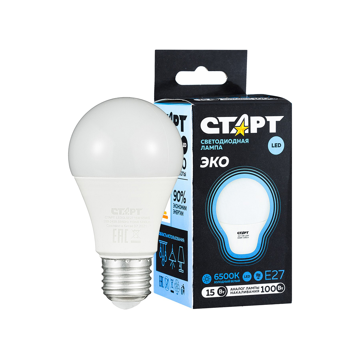 Лампа светодиодная "старт эко" груша 15w 6500 к  e27, белый хол. свет (10/100)