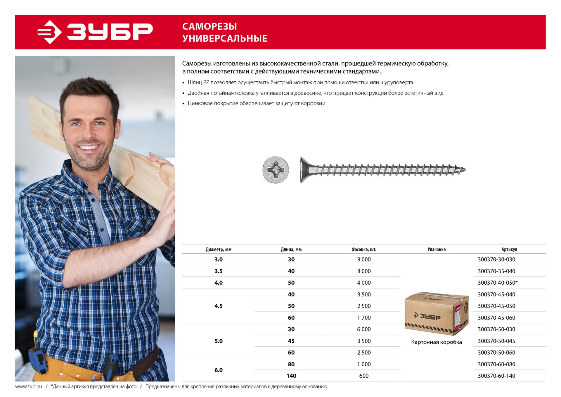 ЗУБР СУ-Б, 60 х 4.5 мм, белый цинк, 1700 шт, универсальный саморез (300370-45-060)