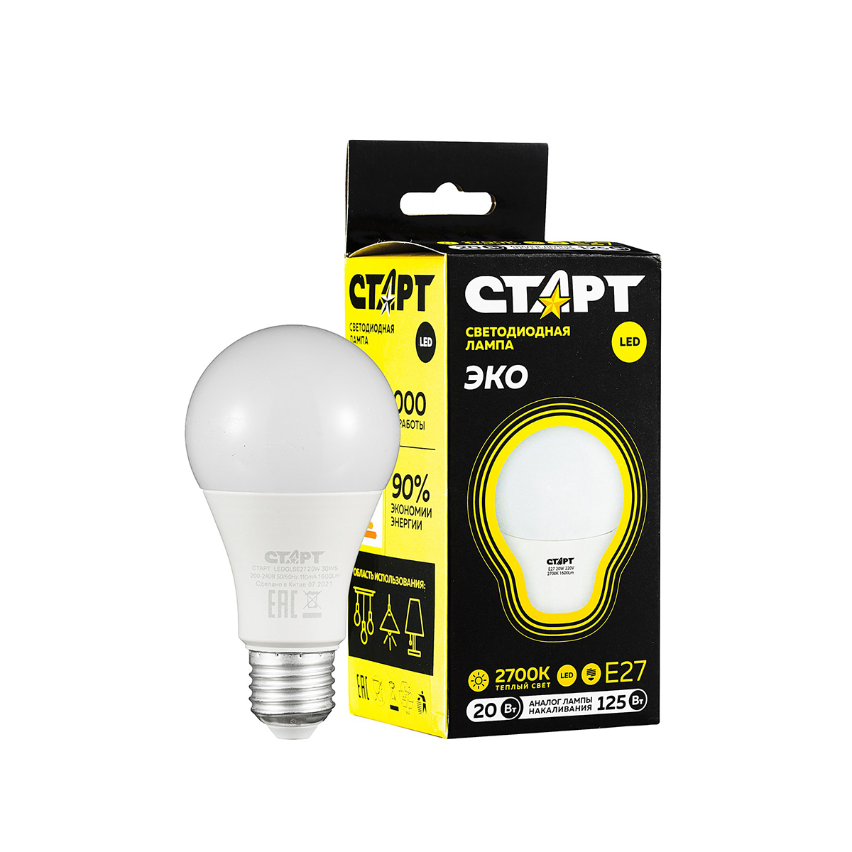 Лампа светодиодная "старт эко" груша 20w 2700 к  e27, тепл. свет (10/100)