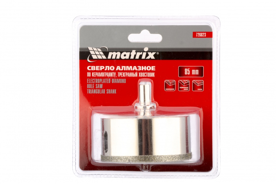 Сверло алмазное по керамограниту, 85 х 67 мм, трехгранный хвостовик Matrix (726823)