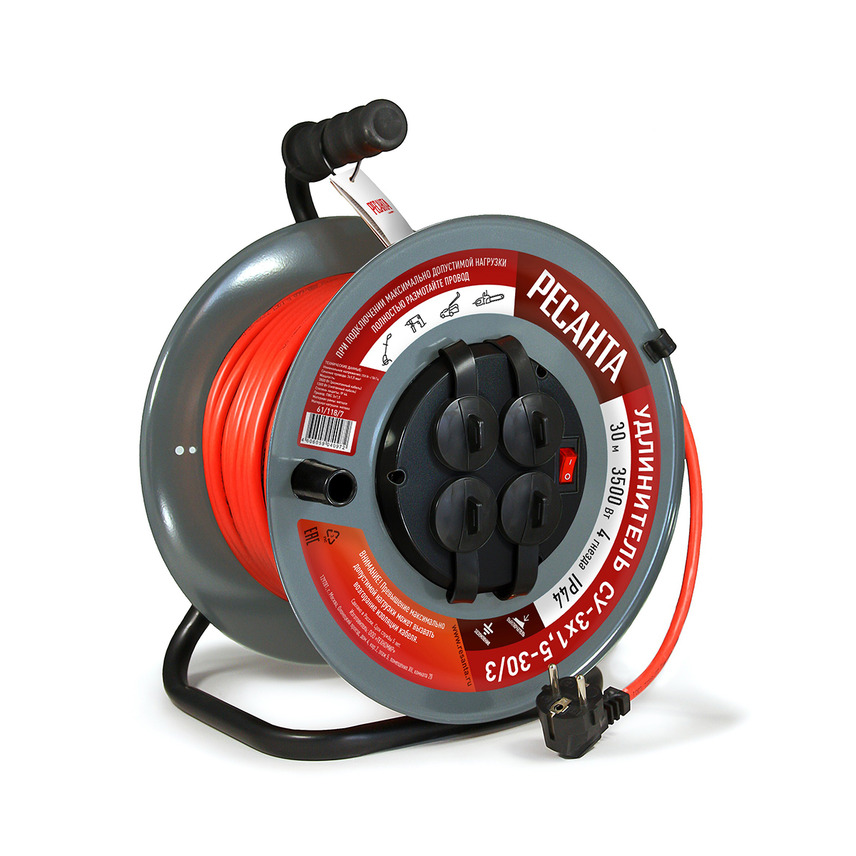 Удлинитель на катушке су-3х1,5-30/3  4 розетки, 30 м 3*1,5 мм(1) "ресанта"