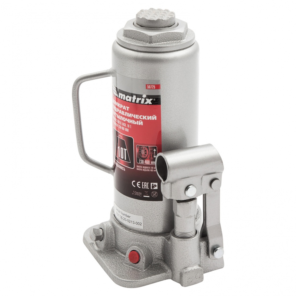 Домкрат гидравлический бутылочный, 10 т, высота подъема 230-460 мм Matrix (50725)