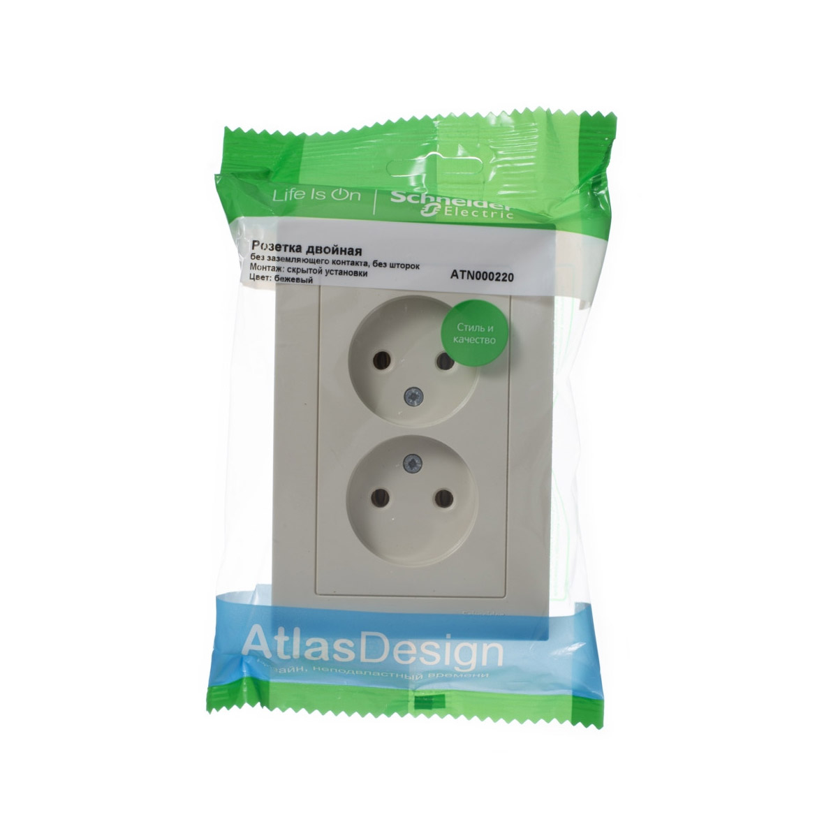Розетка "atlasdesign" 2-х местн. 16а, бежевый (1/15/90) "schneider"