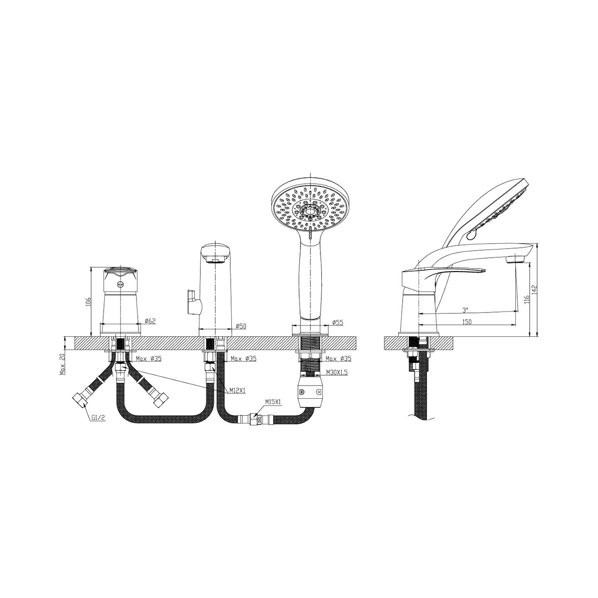 Смеситель для ванн  t40-39  (встраиваемый) на 3 отверстия  (1/8) "rossinka"