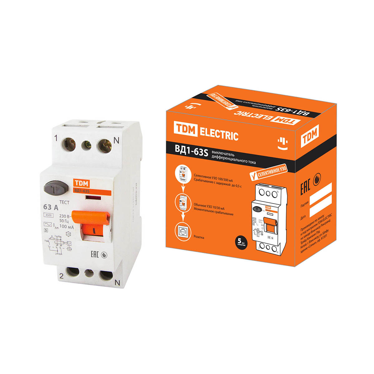 Устройство защитного отключения узо вд1-63s 2р 63а 100ма (1/60) tdm sq0203-0060