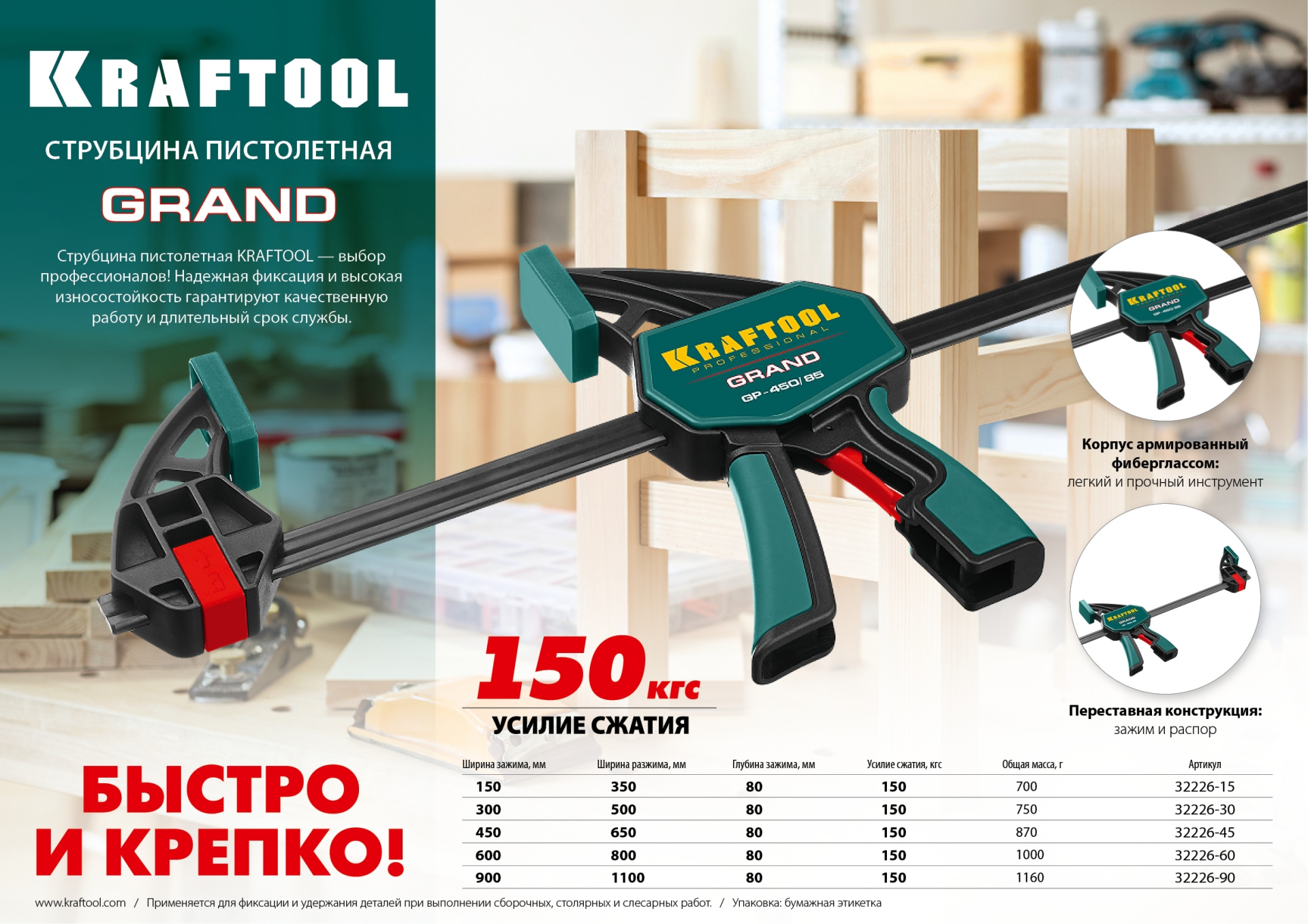 KRAFTOOL GP-900/85, 900 х 85 мм, пистолетная струбцина (32226-90)