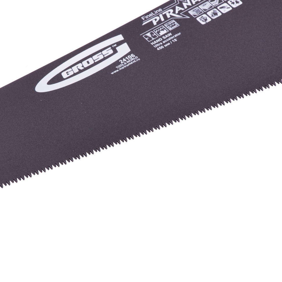 Ножовка по дереву "Piranha", 450 мм, 11-12 TPI, зуб-3D, каленый зуб, тефлоновое покрытие полотна, двухкомпонентная рукоятка Gross (24106)