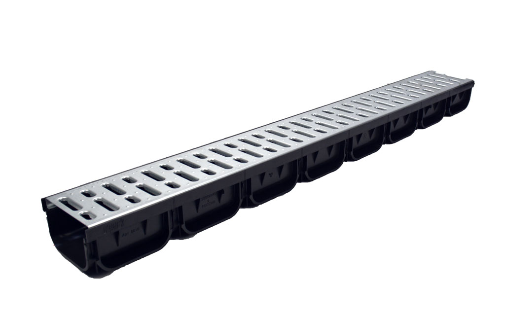 Лоток водоотводный пластиковый дренажный с решеткой штампованной оцинкованной 1000x125x70