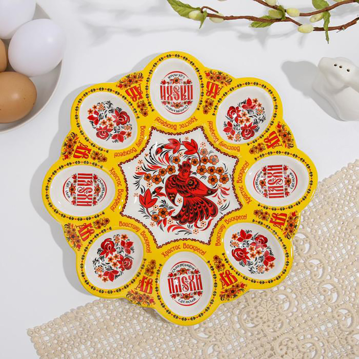 Блюдо для кулича и 8 яиц "хохлома" керамич. 25*25 см (1) 2735815