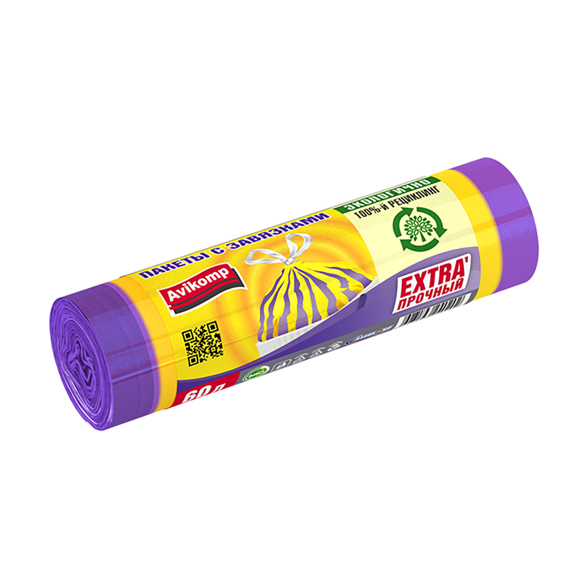 Пакеты для мусора с завязками "prestige" полосатики 60 л, рулон 10 шт. (фиолет./желт.) 22 мкм (1/20)