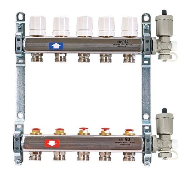 Колл. группа 1"x3/4" ЕК 5 выходов UNI-FITT с вентилями и воздухоотводчиками - нерж.сталь