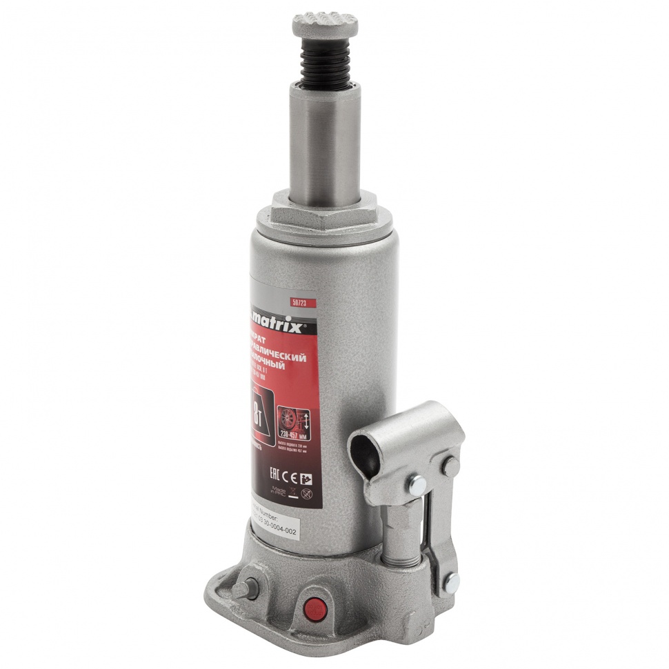 Домкрат гидравлический бутылочный, 8 т, высота подъема 230-457 мм Matrix (50723)