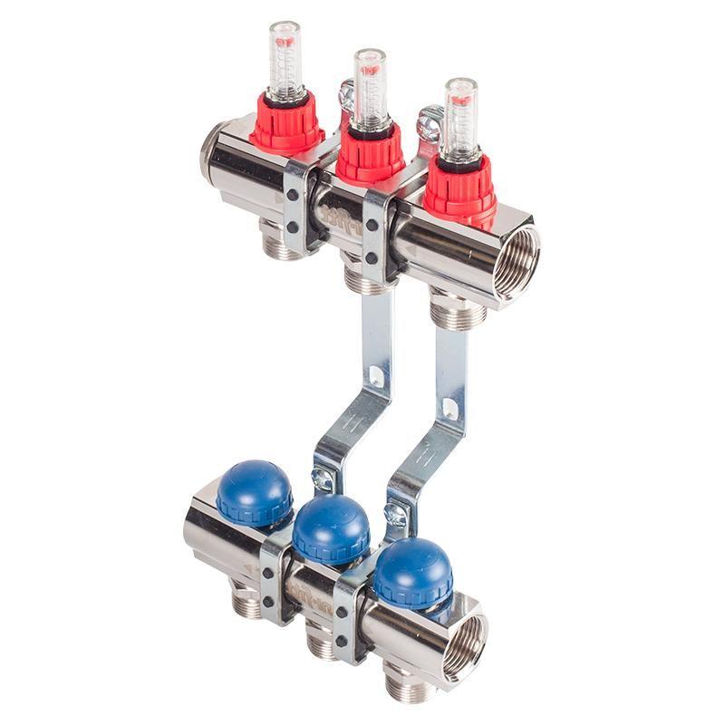 Коллекторная группа UNI-FITT 1'х3/4" ЕК 3 выхода с расходомерами и дренажными клапанами