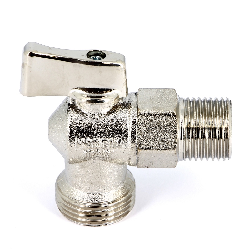 Кран шаровый угловой 1/2''х3/4" НН для подключения стиральных/посудомоечных машин UNI-FITT никель