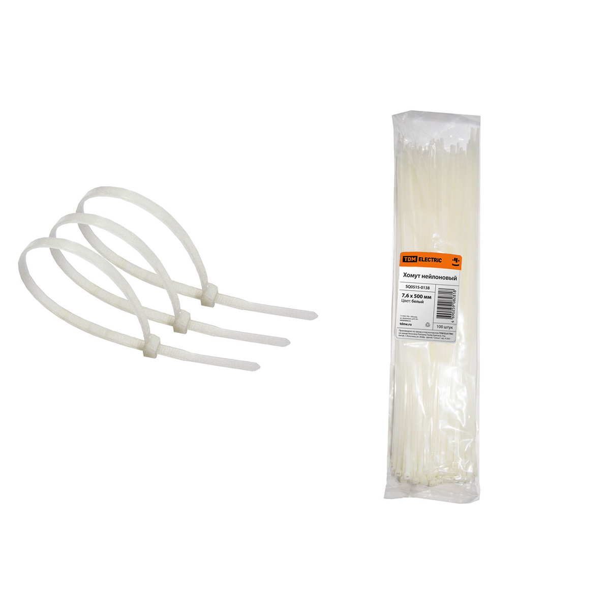 Хомуты нейлон 7,6 х 500 мм (набор 100 шт.), белые (1/5/15) tdm sq0515-0138