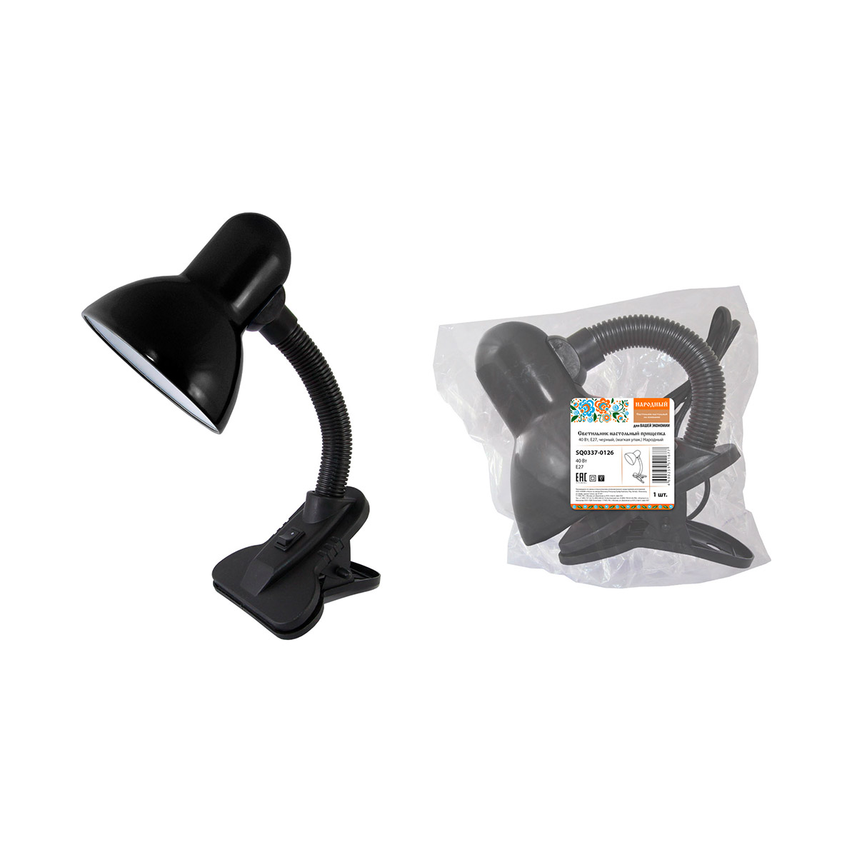 Лампа настольная прищепка 40вт, e27, черная (1/24) народная sq0337-0126