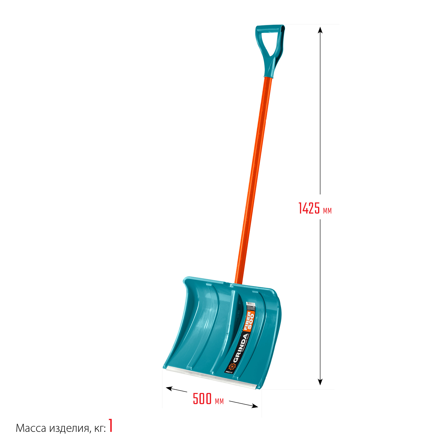 GRINDA FIBER-500, ширина 500 мм, пластик, с алюминиевой планкой, особопрочный легк. черенок из фибергласса, V-ручка, снеговая лопата, PROLine (39940)
