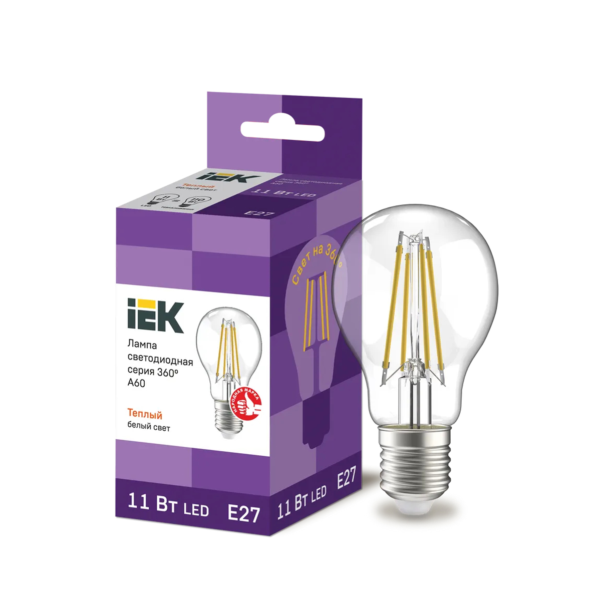 Лампа светодиодная (led) "iek" a60 шар прозр. 11w 3000 к e27 серия 360°, тепл. свет (10/100)