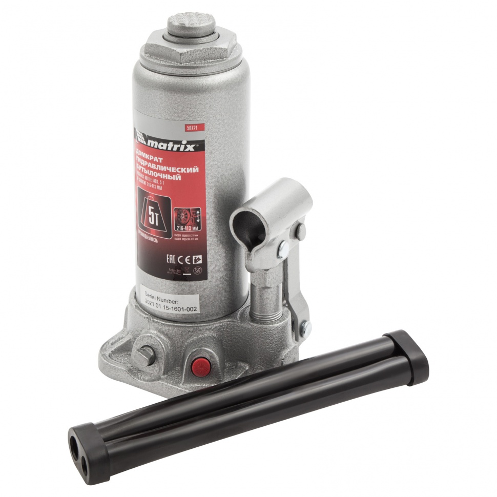 Домкрат гидравлический бутылочный, 5 т, высота подъема 216-413 мм Matrix (50721)