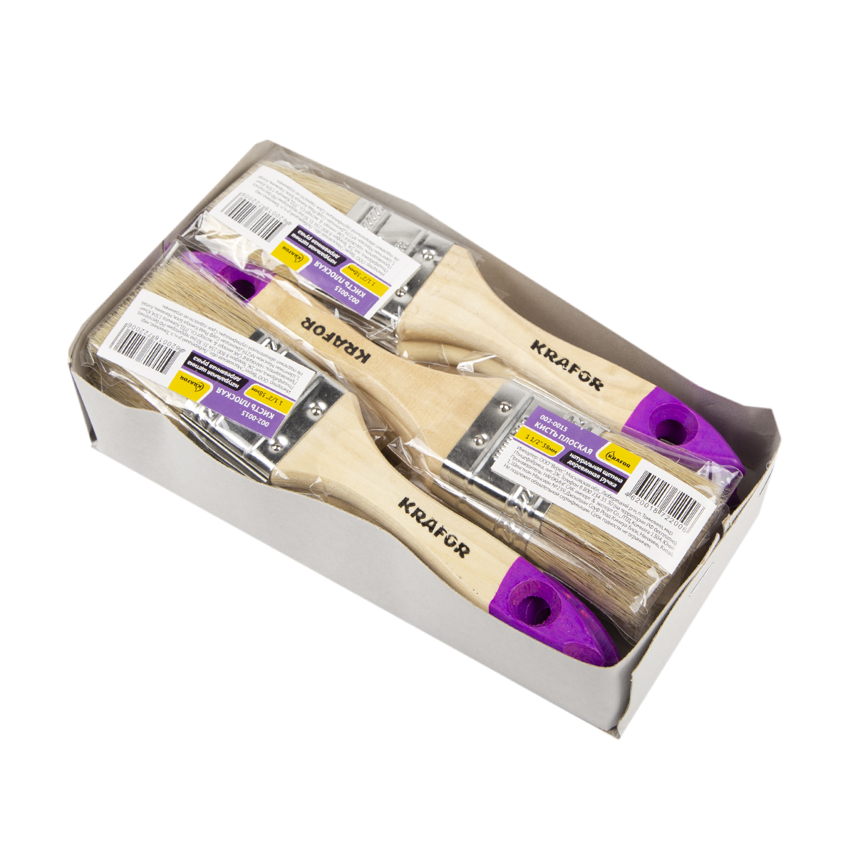 Кисть плоская  №1,5/38 мм  (12/1200) натур.щетина, дерев.ручка "krafor" 002-0015