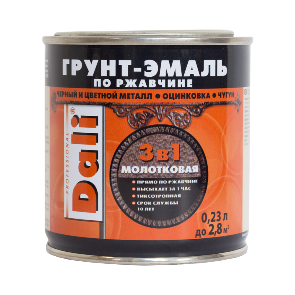 Грунт- эмаль по ржавчине "dali" 3 в 1 молотковая серая  0,23 л (6) "рогнеда"