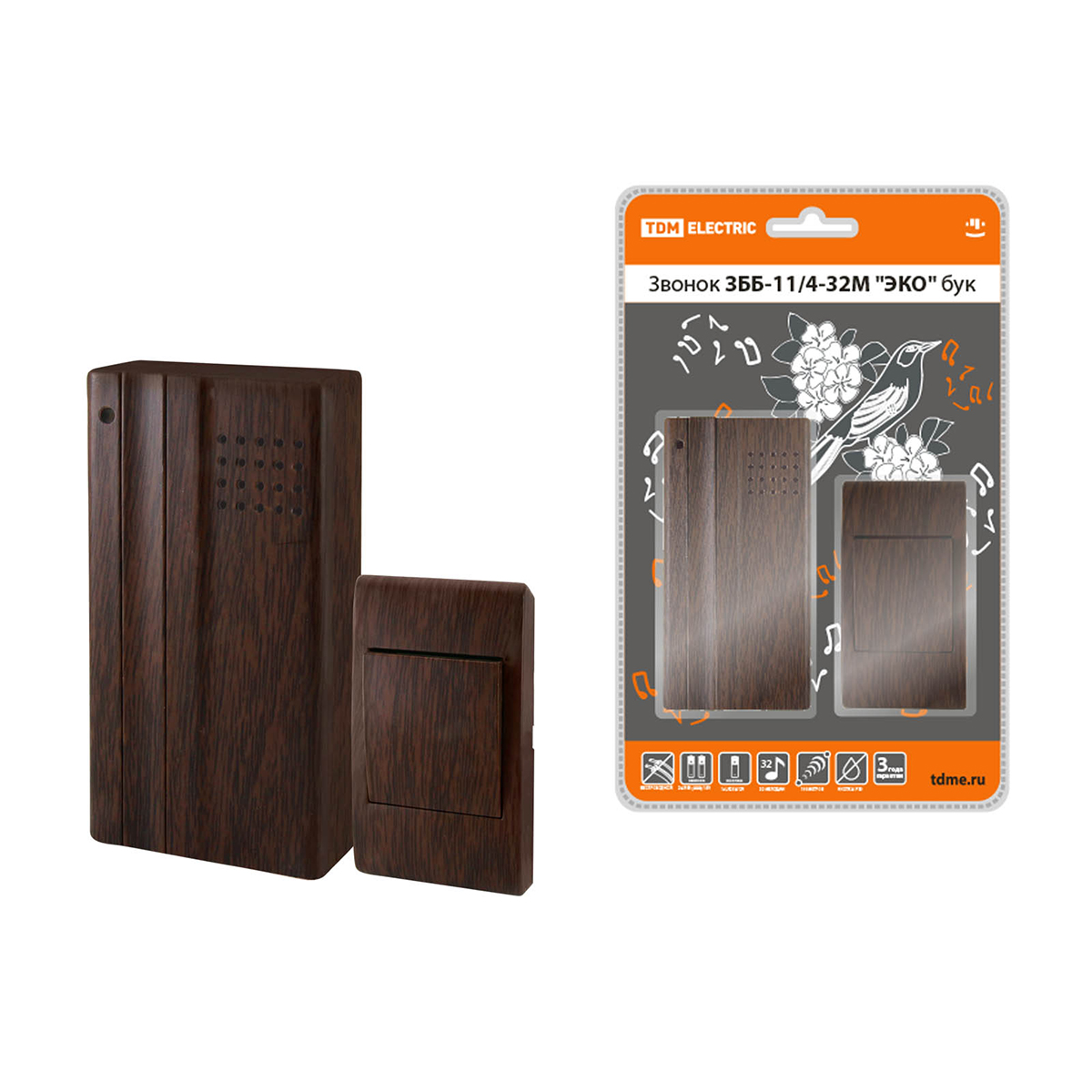 Звонок дверной беспроводной збб-11/4-32м "эко" бук (1/60) tdm sq1901-0023
