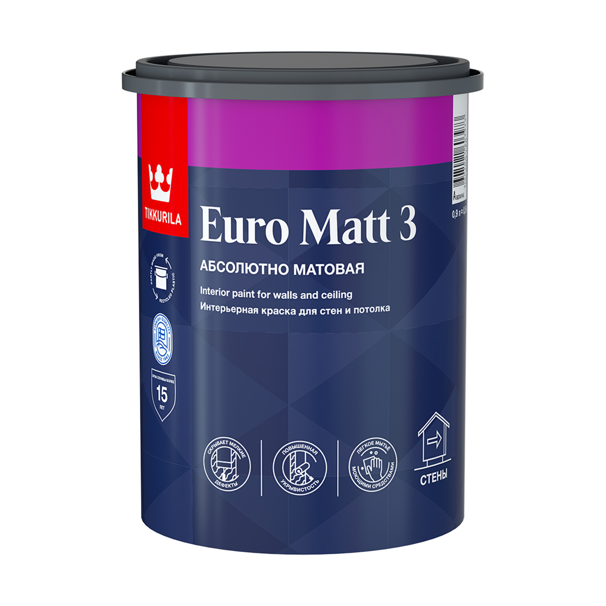 Краска "euro matt-3" база с  0,9 л (1/6) интерьерная "тиккурила"