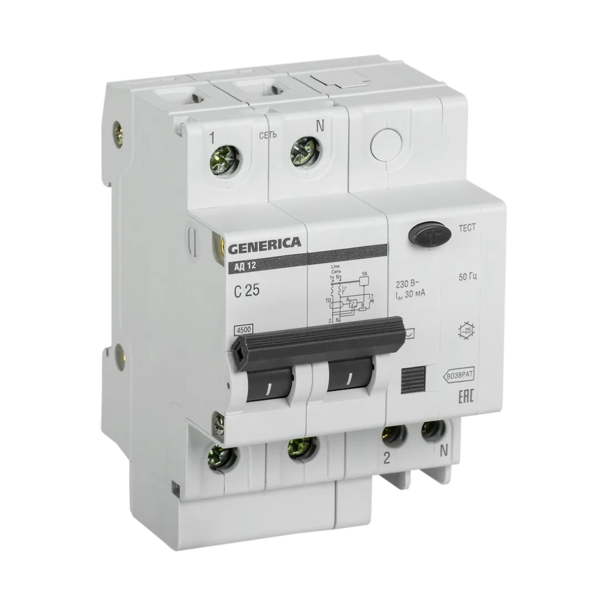 Дифференциальный автомат. выключатель ад12 2р 25а 30ма (1/5/40) "generica"