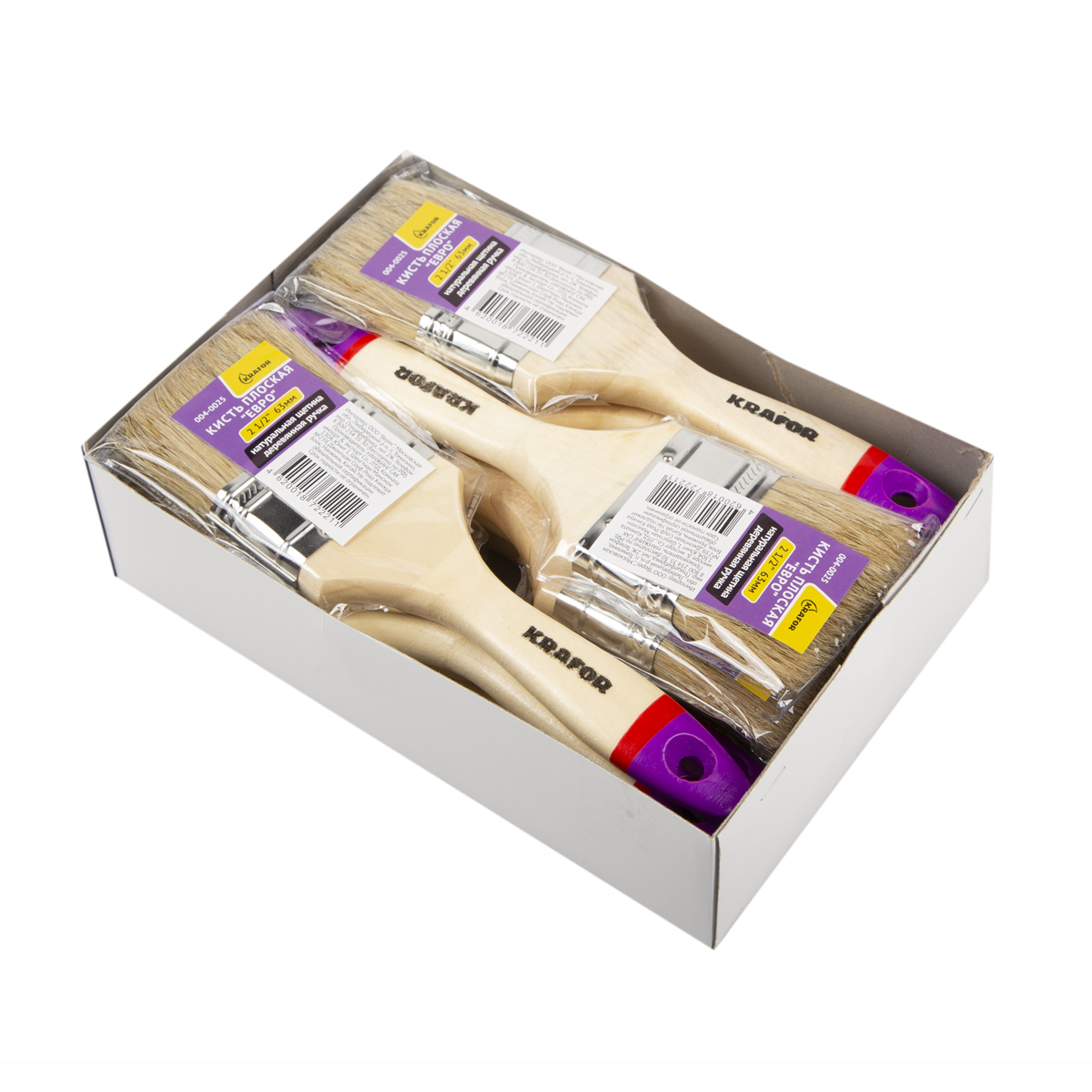 Кисть плоская "евро" №2,5/63 мм  (12/300) натур.щетина, дерев.ручка "krafor" 004-0025