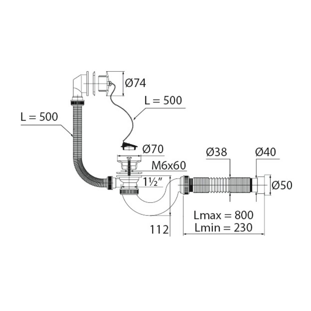 Слив-перелив Мини Элит 1 1/2 х 40 мм с пласт. реш., L500 мм 40 х 40/50 мм WIRQUIN